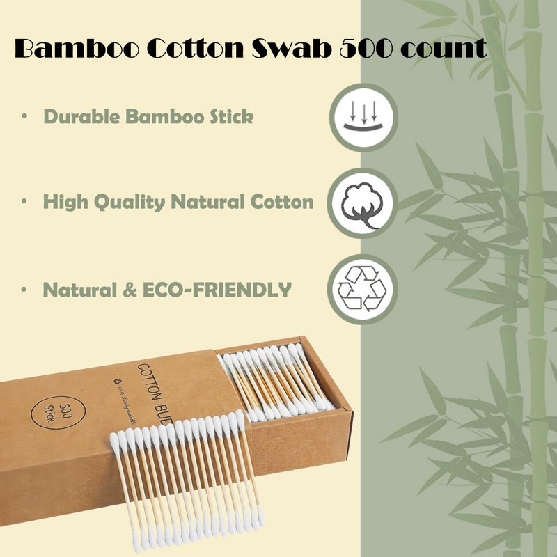 Bamboo Cotton Swabs by Natural - Eco-Friendly Dual Round Tips - 500 Count Paper Pack for Home & Beauty Care