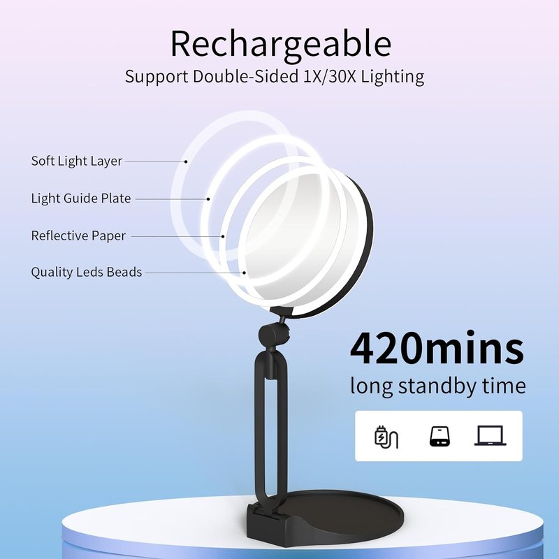 Magnifying Makeup Mirror with Light - 40X/1X Double-Sided, Rechargeable, 6-Inch, 360° Adjustable, Foldable Design