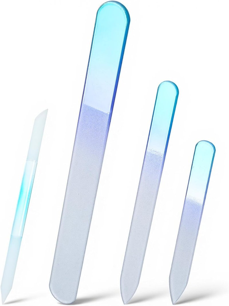 Glass Nail File Set - 4 Pcs Double-Sided Crystal Buffers & Cuticle Pushers | Gradient Blue Manicure Tools