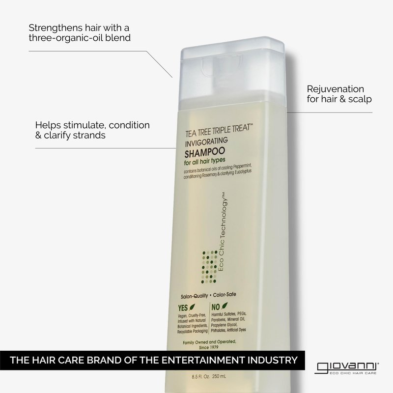 GIOVANNI Tea Tree Triple Treat Invigorating Shampoo - Cooling Peppermint, Eucalyptus & Rosemary, Strengthen & Rejuvenate Hair & Scalp, Salon Quality, Paraben Free, Tea Tree Shampoo - 8.5 oz (3 Pack)