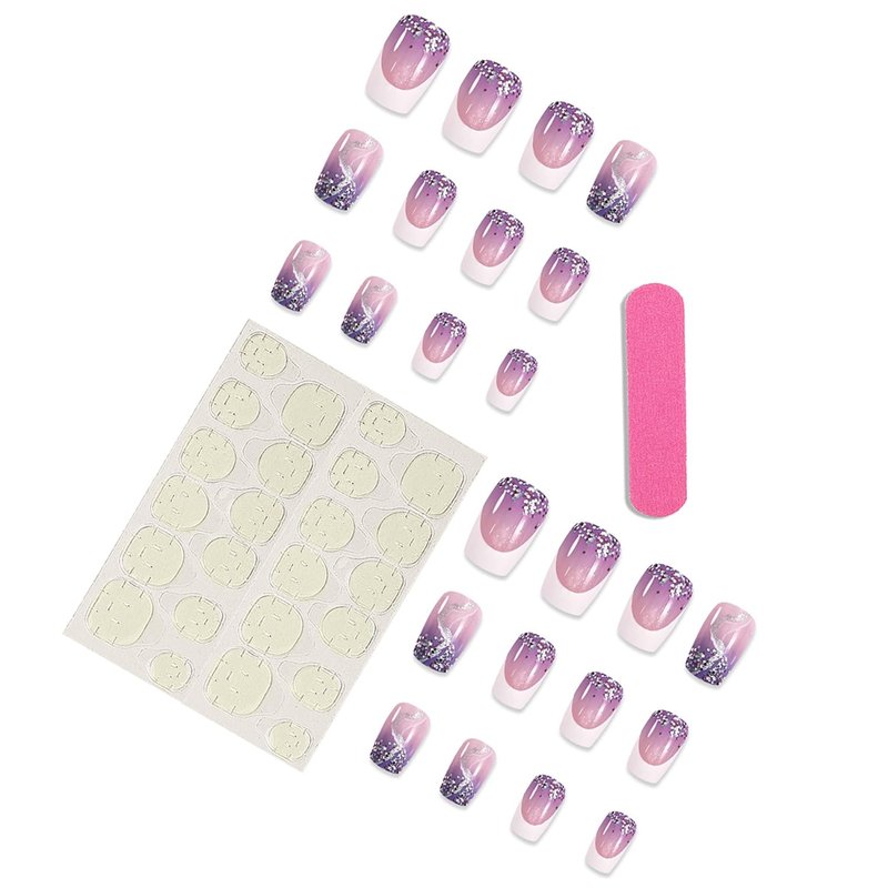 Medium Square Press-On Nails - Purple Marbling Design | Glossy Full Cover Acrylic Fake Nails, 24 Pcs