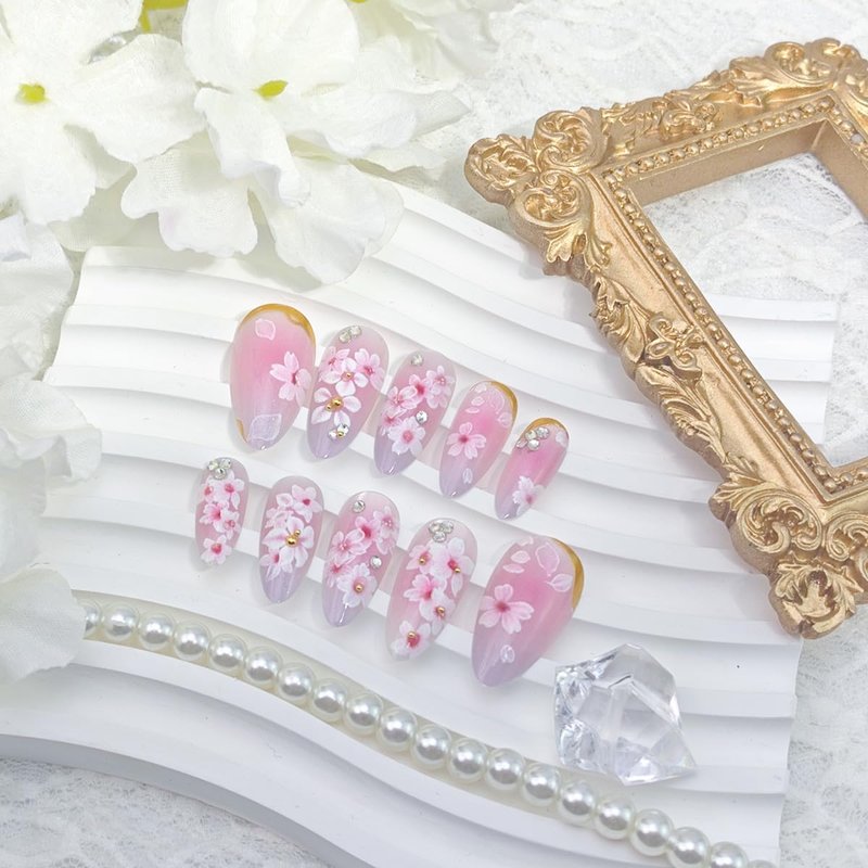 24Pcs Pink Flower Press on Nails Medium Almond Fake Nails Spring Peach Blossom with Rhinestones Gold Beads Glitter Design Cute Floral Full Cover Glue on Nails Acrylic False Nails for Women Manicure