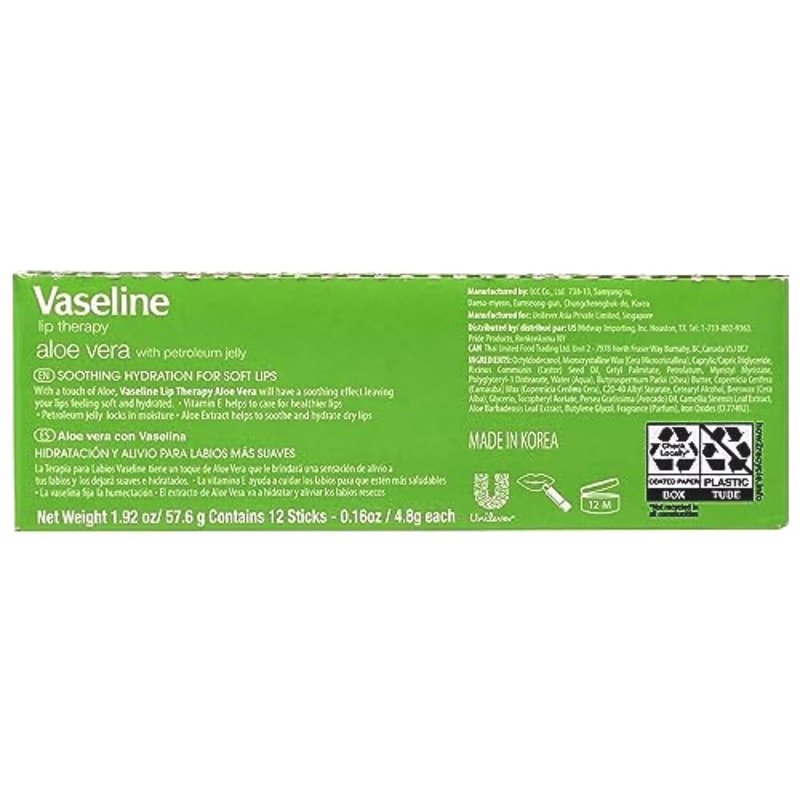 Aloe Vaseline Lip Balm - Nourishing Moisture for Soft Lips | 12-Pack Box