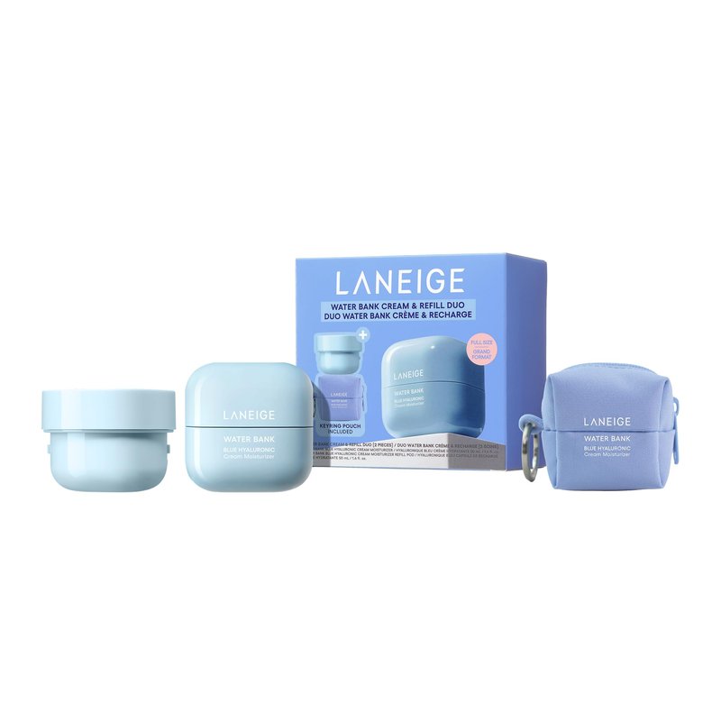 LANEIGE Water Bank Cream & Refill Duo with Keychain Pouch | Laneige Blue Hyaluronic Acid Cream Moisturizer | Hydration & Skin Barrier Care with Refillable Packaging