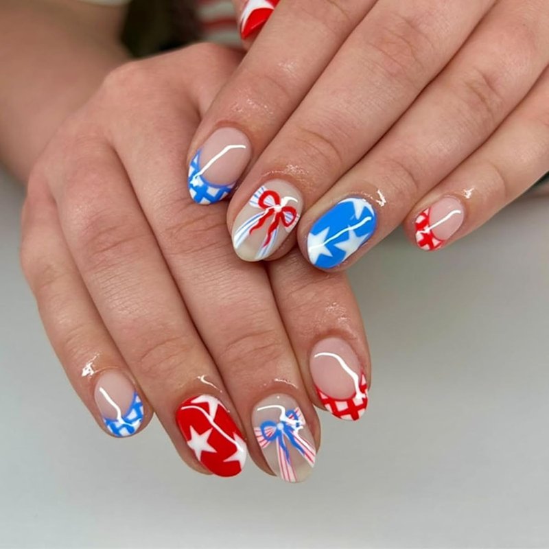 Patriotic 4th of July Press-On Nails - Medium Almond French Tip with Star & Bow Designs | Red, White, Blue Acrylic