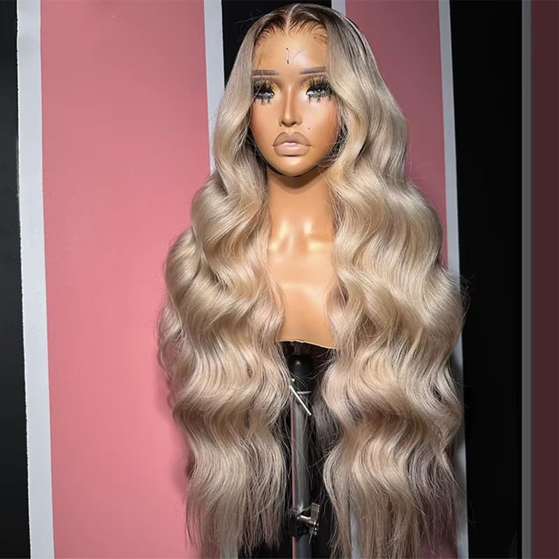 CIYOO 13x6 Ombre Ash Blonde Wigs Human Hair 200% Density Ash Blonde Body Wave Lace Front Wigs for Women Milk Tea Blonde Colored Human Hair Wigs Pre Plucked 28 Inch