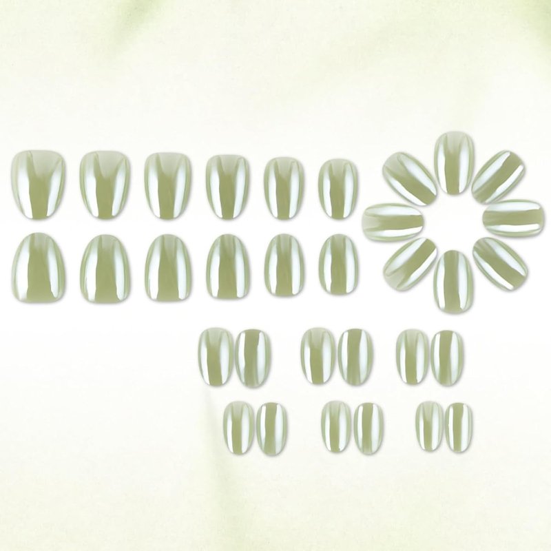 Skiennix 32Pcs Green Press-On Nails - Chrome Short Oval Full Cover Glossy Reusable Artificial Nails
