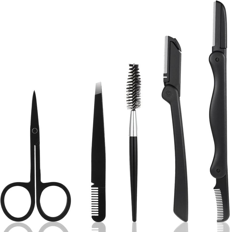 Eyebrow Razor Kit - 5-in-1 Professional Grooming Set for Men & Women | Includes Trimmer, Tweezers, Scissors, Comb, Brush