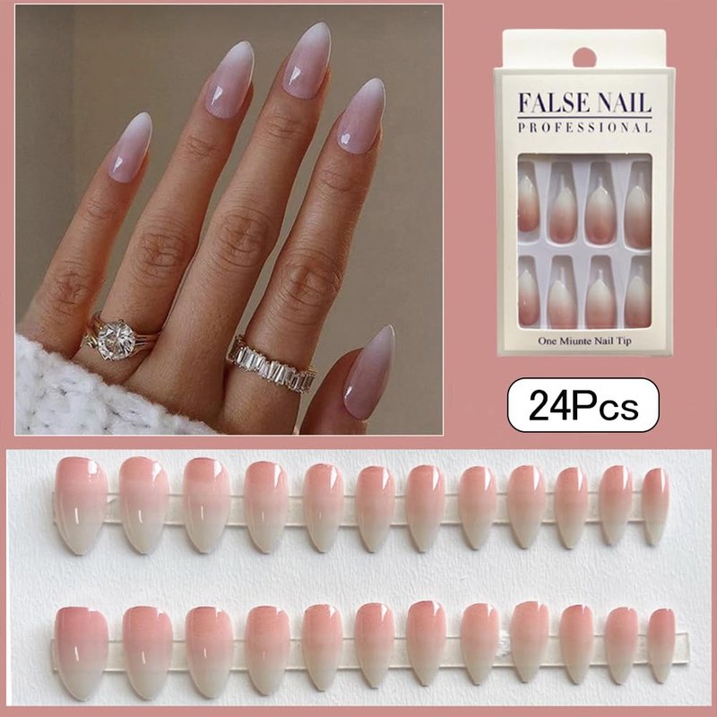 Nude Pink Press On Nails Short Almond White French-Style Gradient Stick On Nails Glossy Reusable Nail 24Pcs Fake Nails Kit Artificial Full Cover Stick on Nail for Women Girls Manicure