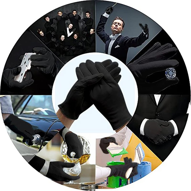 Amariver Black Cotton Gloves, 6 Pairs 8.6'' Large Size Thicker Lining Gloves for Coin Jewelry Silver Inspection Formal Marching Band Parade, 12 Pieces Total