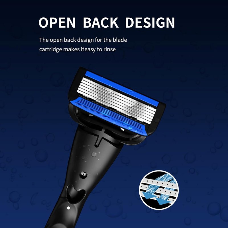 6-Blade Razor for Men & Women | Plastic Anti-Slip Handle with 8 Refill Cartridges - Black