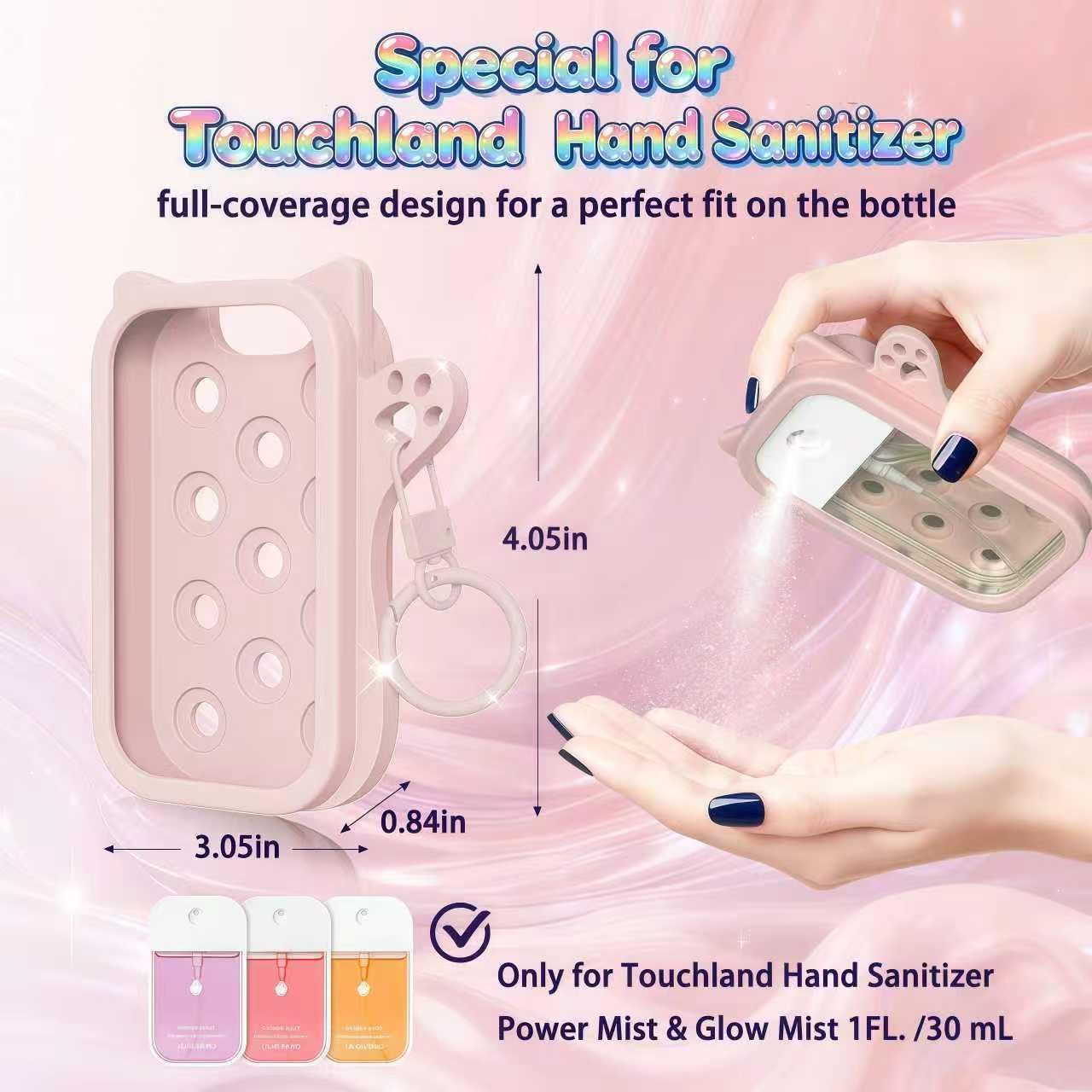 PeaKalo Cat Silicone Case for Touchland Hand Sanitizer Spray, Compatible with Power Mist Glow Mist 1 FL OZ/30ML for Touchland Case with 2 Keychains Cute Bell Portable Travel Accessory