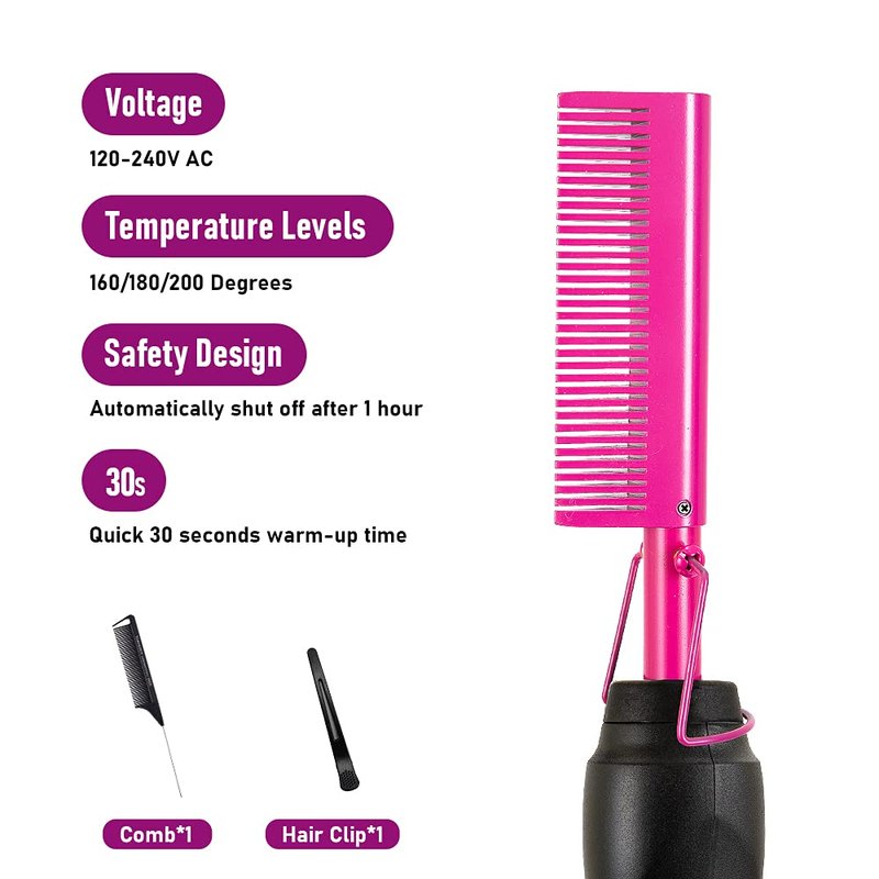 AIHOPESTO Hot Comb Electric Hair Straightener, Ceramic Comb, Security Portable Curling Iron, 3 Temperature Settings, Heat Protection, 1.5m Cord, for Black Hair, African American Hair