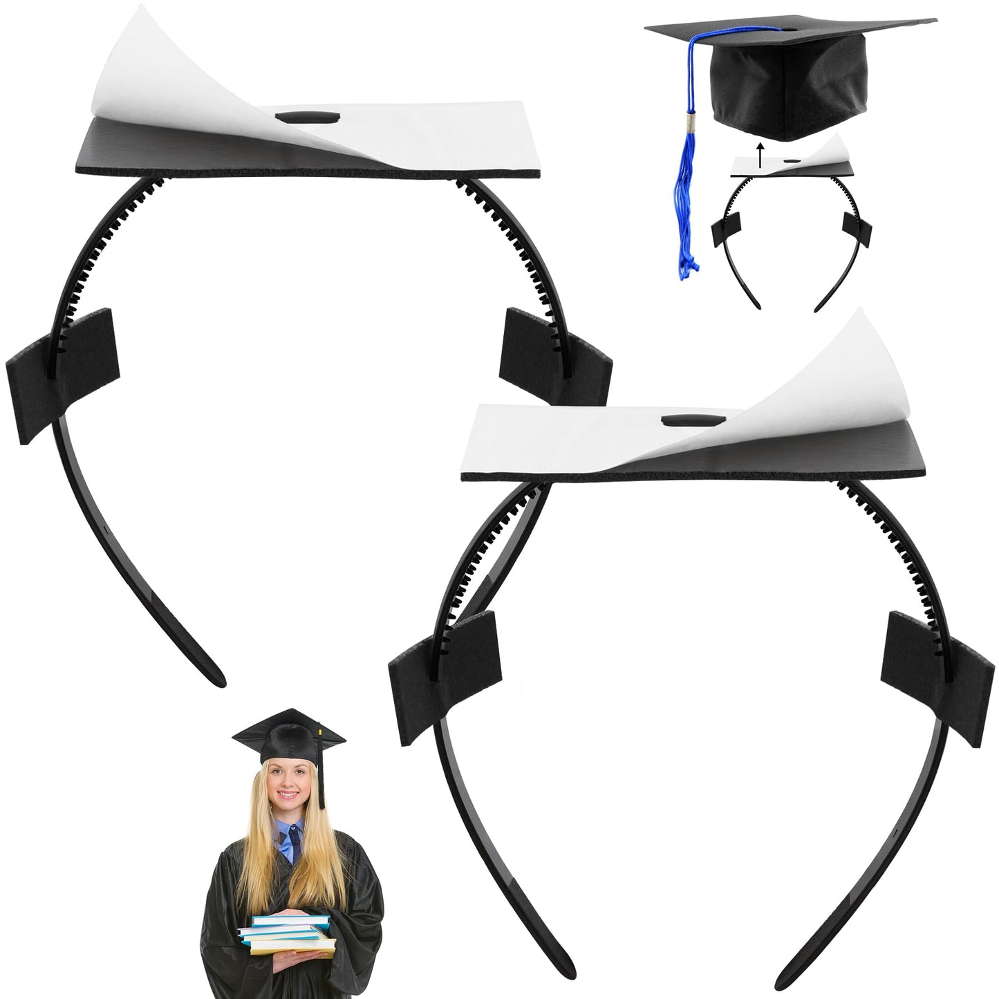 YFJOLEN 2 Pack Graduation Cap Headband, Grad Cap Hairband Insert for Perfect Graduation Hat Headband, Gift for Graduates Students Accessories Black