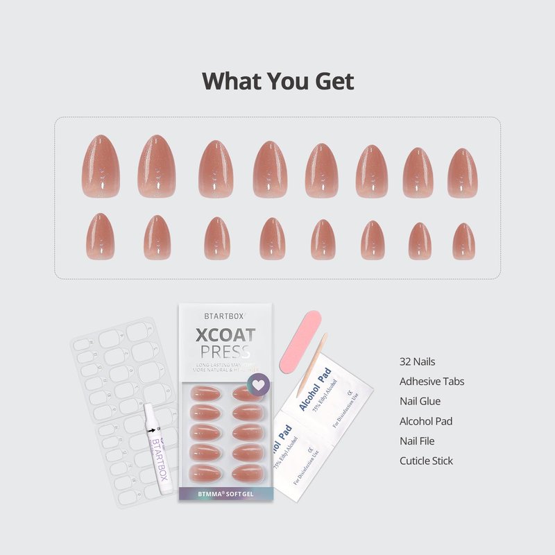 BTArtbox Press On Nails Short - Lamp-Curable Sparkly Almond Press On Nails with Glue for Women, Semi-Transparent Soft Gel Glue On Nails in 16 Sizes - 32 Stick On Nails Kit, Citrine Glow
