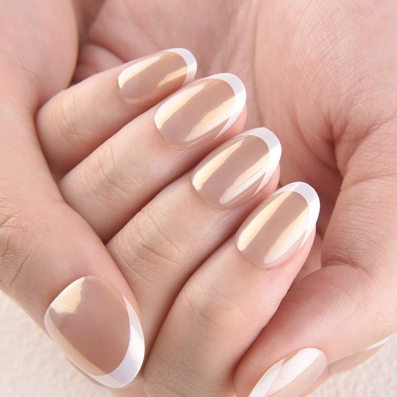 evpct French Tip Press On Nails Short Round Oval No Glue, Nude White Tips, Chrome Glazed Short Round Oval Fake False Press on Nails, Reusable Soft Stick on nail Press ons with Nail Kit, Salon-quality