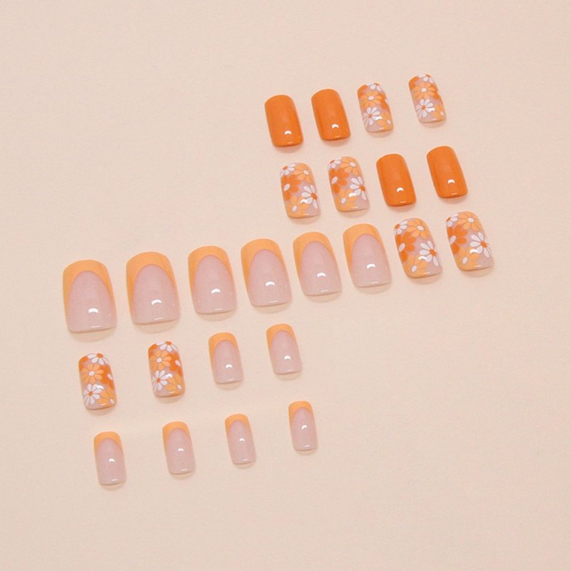 Flower Press on Nails Short Square Fake Nails French Tip False Nails Glossy Full Cover Acrylic Nails Orange Glue on Nails Artificial Stick on Nails for Women Manicure 24 Pcs