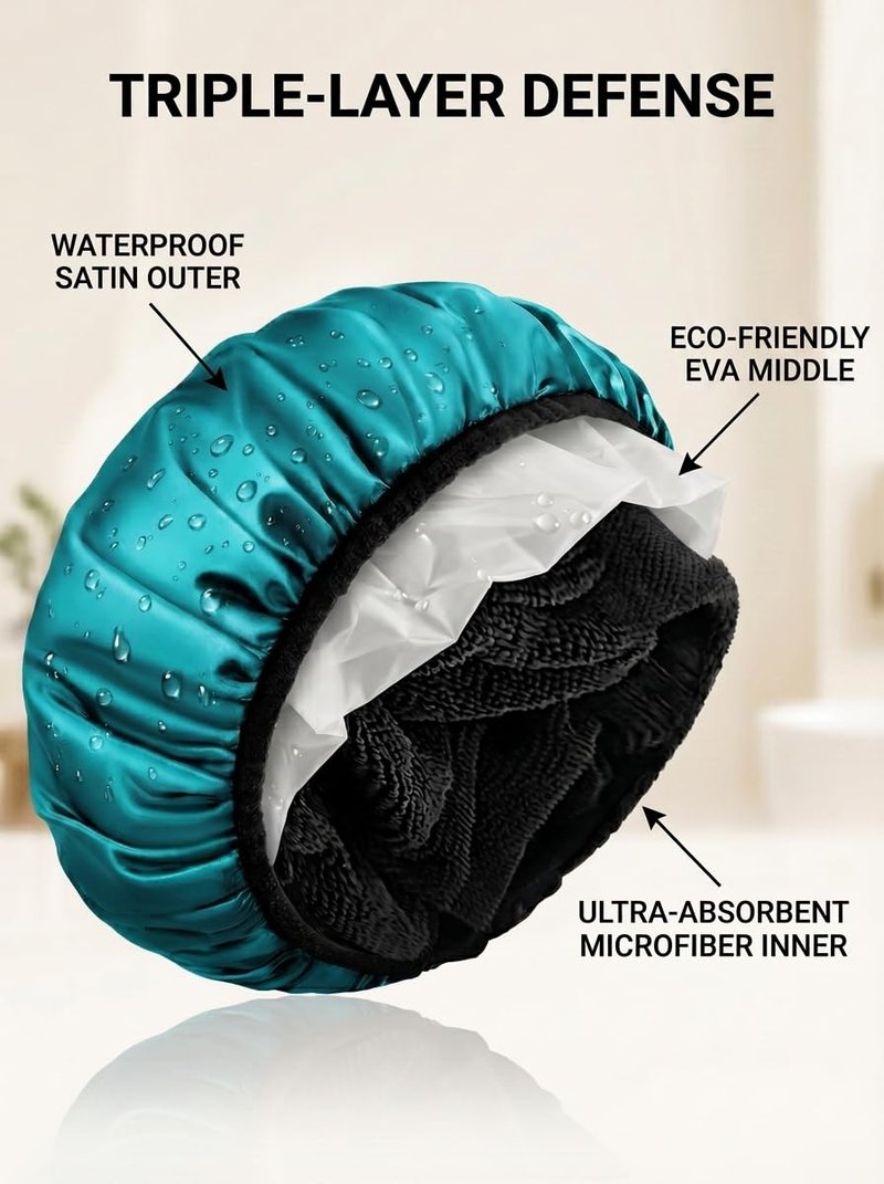 Aquior Shower Cap,Extra Large Triple Layer Bathing Cap with Dry Hair Function for Women Microfiber Terry Cloth Silky Satin 100% Waterproof Reusable Long Hair Bath Caps (Green)