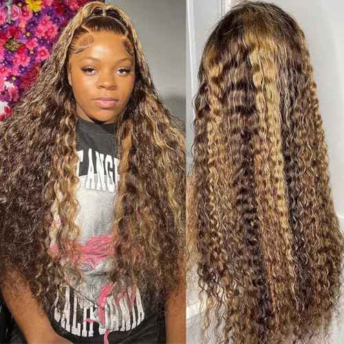 Highlight Ombre Lace Front Wig Human Hair 4/27 Honey Blonde Deep Wave Lace Front Wigs Human Hair 200% Density 13x6 HD Lace Front Wigs for Women Glueless Wigs Pre Plucked 26 inch
