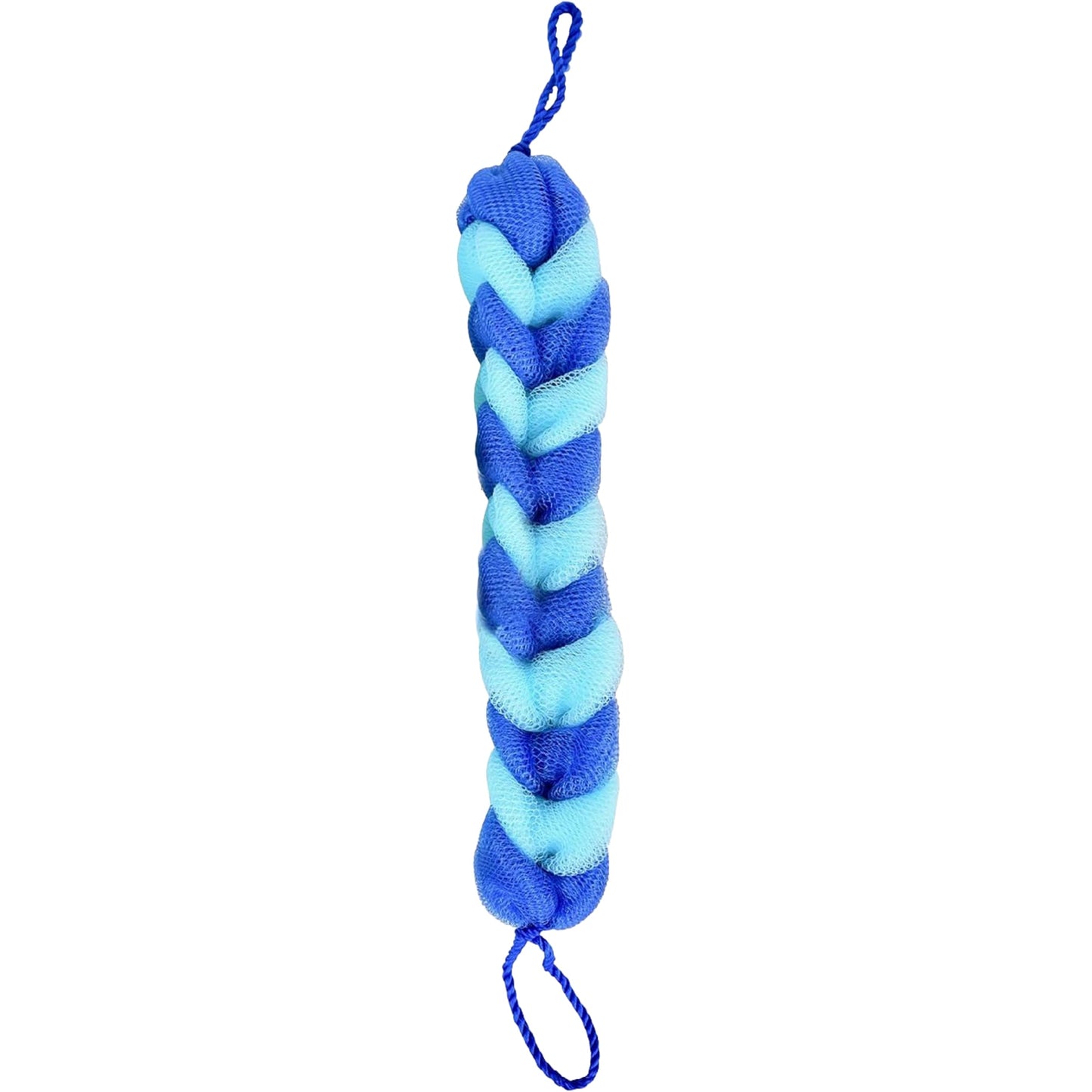 Spa Savvy Bath Loofah Back Scrubber, Long Stretch Mesh Shower Body Sponge with Rope Handles, Exfoliating Braided Pouf for Men and Women, Blue