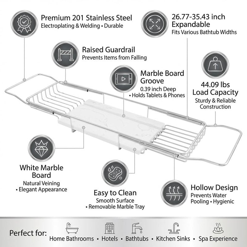 Bathtub Tray Caddy for Luxury Bath, Stainless Steel 26.8-35.4 in Expandable Extra Wide Bath Tub Tray with Natural Marble and Mobile/Tablet Stand, Ideal for Home Spa Lovers (Silver + White)