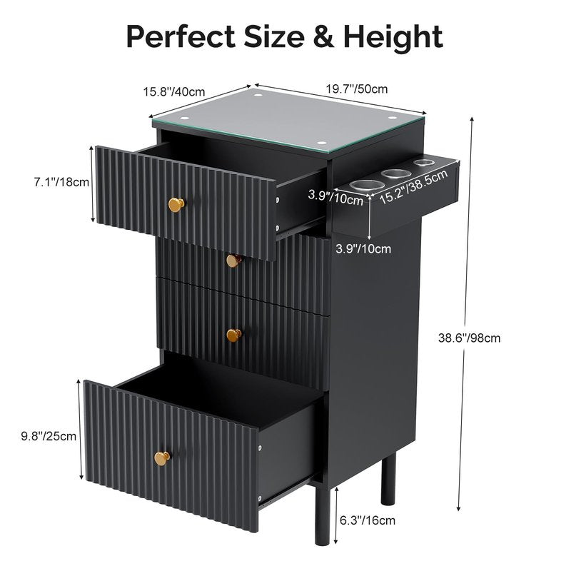 OmySalon Salon Station, Barber Station for Stylist, Hair Storage Cabinet with Glass Top & 4 Drawers & 3 Heat Resistant Tool Holders, For Beauty Spa, Salon, Black