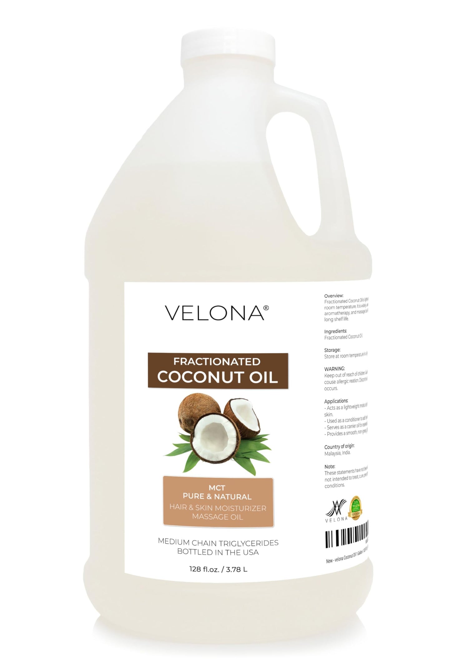 velona MCT Coconut Oil 1 Gallon / 128 Fl Oz | 100% Pure and Natural Carrier Oil | Fractionated | Skin, Face, Body, Hair Care | Use Today - Enjoy Results