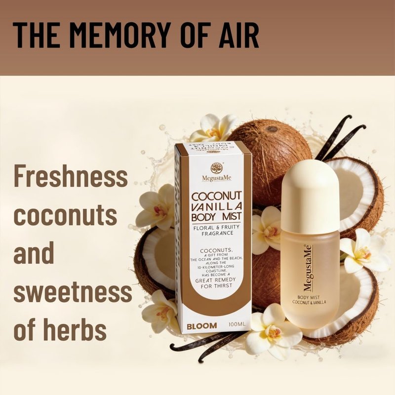 MegustaMe Coconut Vanilla Body Spray | Paraben-Free & Phthalate-Free | Long-Lasting Fresh Fragrance | coconut body spray | vanilla coconut perfumes for women, 3.38 fl oz (100ml)