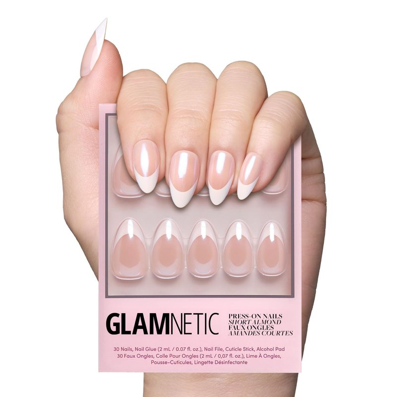 Glamnetic Press On Nails - Mrs. | Short Almond Fake Nails with Glossy French Tips | 30 Nail Kit, 15 Sizes Included