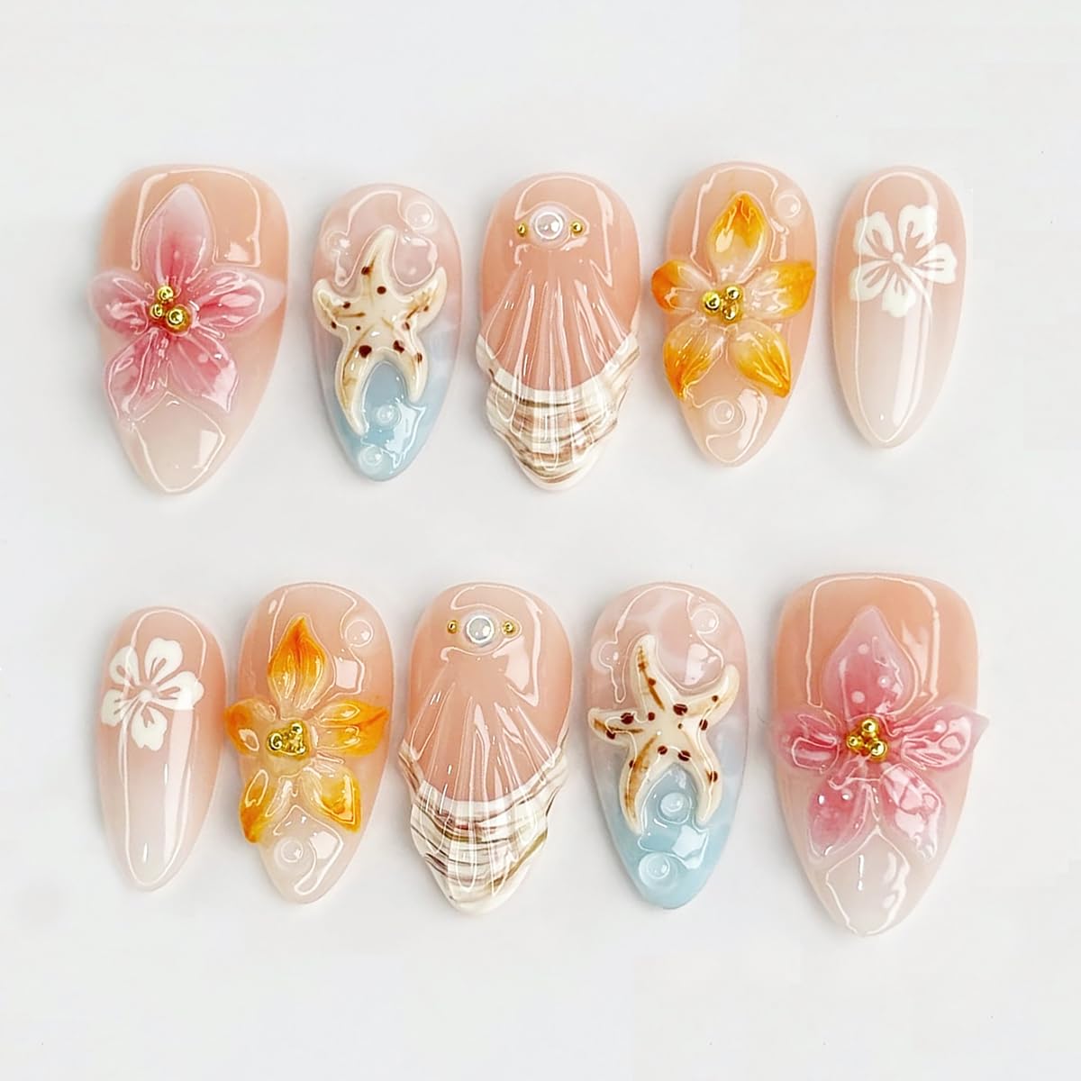 Summer Beach Press-On Nails - 30 Pcs French Almond Shape with 3D Seashell & Starfish Design | Glossy Ocean Theme Acrylic