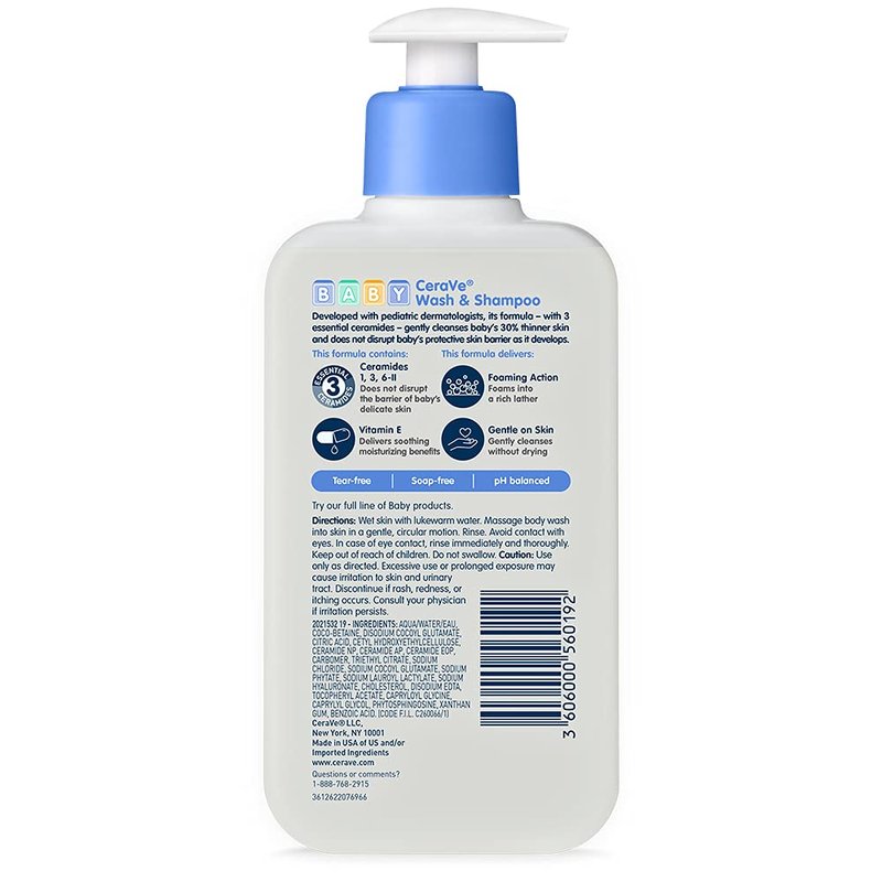 CeraVe Baby Wash & Shampoo, Fragrance, Paraben, & Sulfate Free Shampoo for Tear-Free Baby Bath Time, 8 Ounce