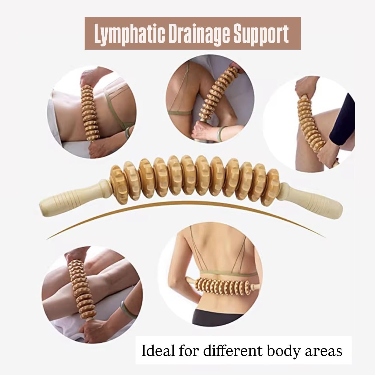 Wood Massage Roller. Curved Design to Target Different Areas of the Body. Relieves Muscle Tension + Improves Circulation + Reduces Signs of Cellulite + Promotes Relaxation.