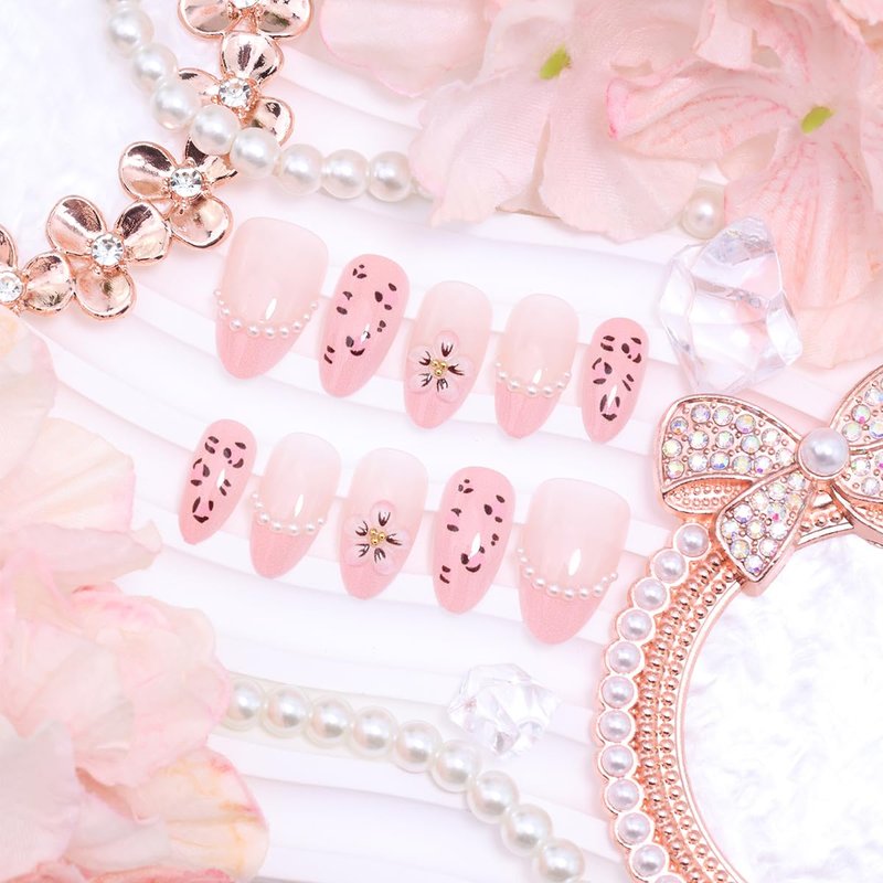Skiennix 30Pcs Pink Leopard Flower Press-On Nails - Almond Shape, 3D Flower & Pearl Chain Design, Reusable Acrylic for Manicure