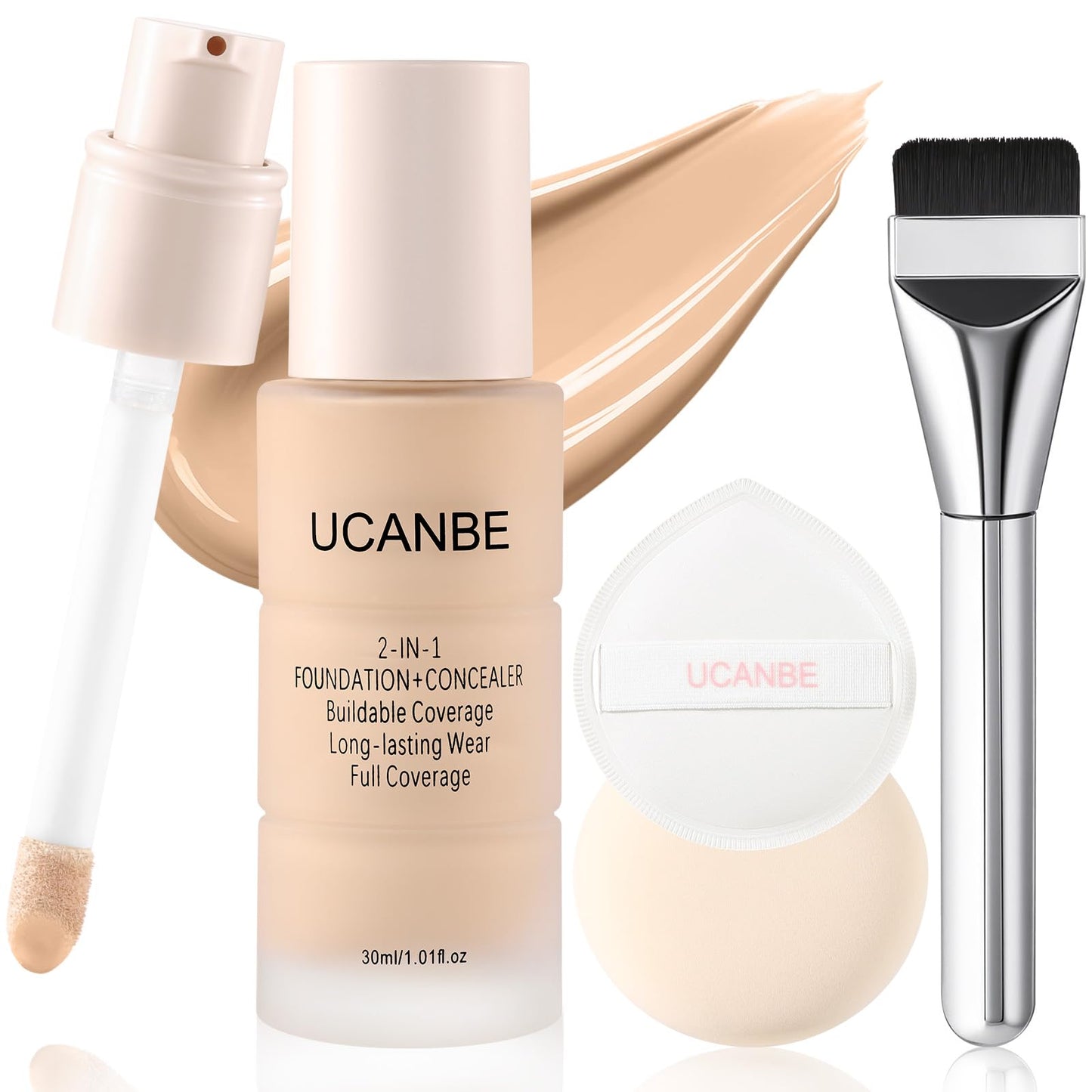 UCANBE 2-in-1 Liquid Foundation & Concealer, Full Coverage Foundation Makeup Set for Combination & Oily Skin, Hydrating Formula with Hyaluronic Acid, Vitamin C (06 Warm Honey)