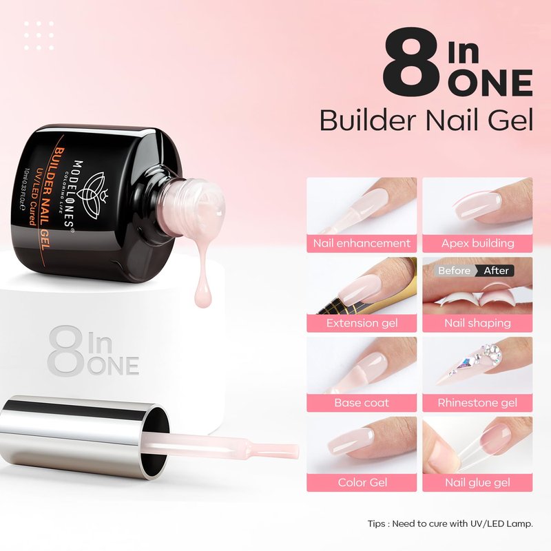 Modelones Base Coat Builder Nail Gel - 2 Pcs Cover Nude & Rose Pink | 8-in-One Rubber Color Base Polish, 10 ml