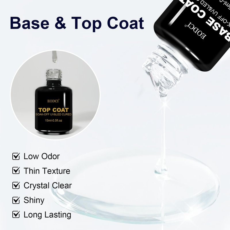 eodci 2Pcs 15ml No Wipe Base Top Coat Set, Shine Finish Soak Off Gel Base Top Coat Long Lasting LED Nail Lamp for Gel Nail Polish Salon Quality Nail Manicure Gifts