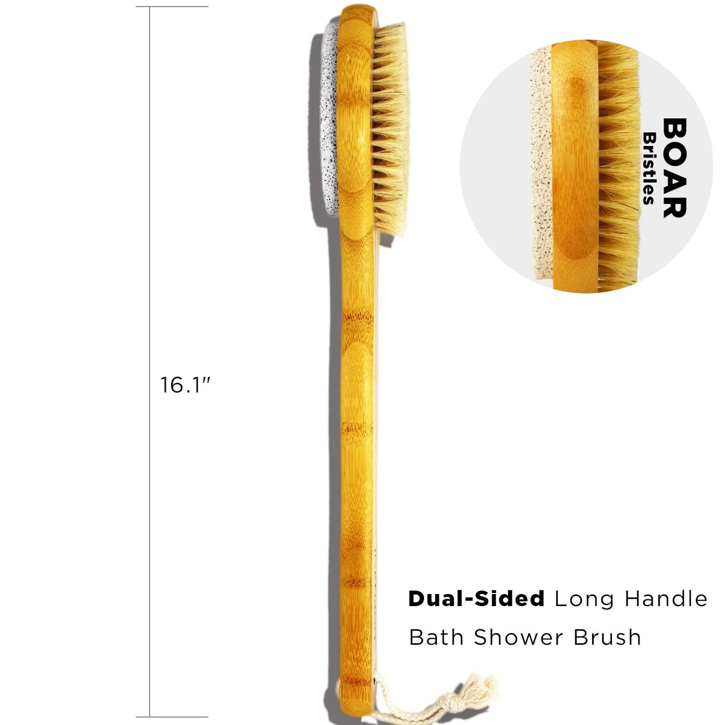 ICANdOIT 2 in 1 Long Handle Bath&Shower Brush,Bath Scrubber,Boar Bristle with Pumice Stone Exfoliate & Soften Skin,Dry Brushing Body Brush for Cellulite&Lymphatic Drainage