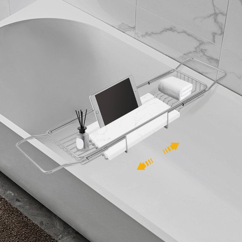Expandable Bathtub Tray, Stainless Steel Bath Table Tray with Marble Board, Modern Luxury Bathtub Shelf for Bathrooms, Kitchen Sink (Silver+White)