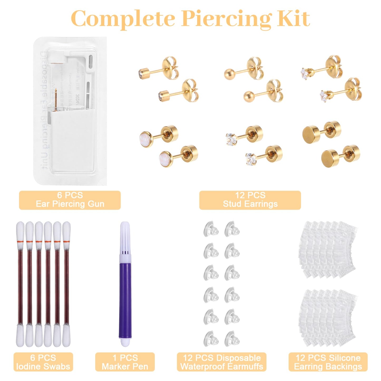xieketn Gold Ear Piercing Kit, Cartilage Ear Piercing Gun Kit, Piercings Tool at Home with 6 Pcs Disposable Self Piercing Gun Needles 12 Pcs Hypoallergenic Earrings Studs Iodine Swabs for Women