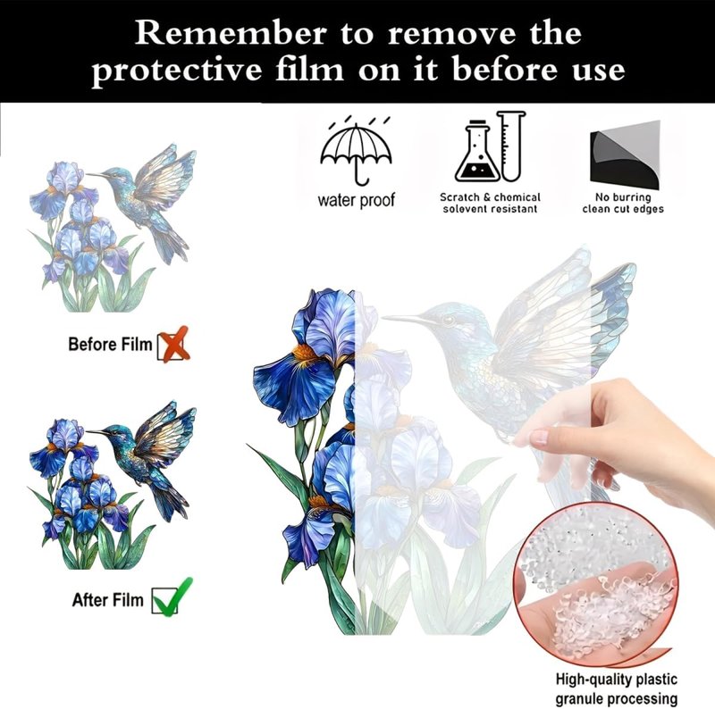 Acrylic Hummingbird and Irises Suncatcher - 7.08 Inch Stained Glass Style Window Decor | Indoor/Outdoor Garden Ornament