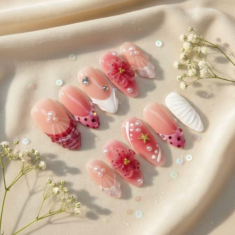 Handmade Press-On Nails - Medium Pink Almond Shape with 3D Flower & Starfish | 10 Pcs for Summer Style