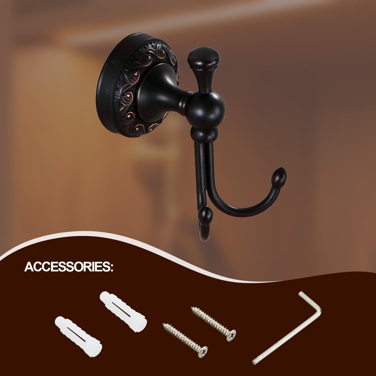 Kelelife Antique Brass Towel Hook, Screw-Mounted Shower Wall Hook, Wall-Mounted Bathroom Hook for Hanging Clothes & Robes, Vintage Oil Rubbed Copper Brass Carving Series Long-Handle Double Hook