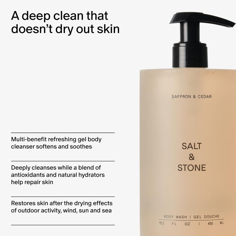 Salt & Stone Body Wash - Antioxidant-Rich Formula for Deep Moisture | Unisex, Sulfate & Paraben Free, Saffron & Cedar, 15.2 fl oz