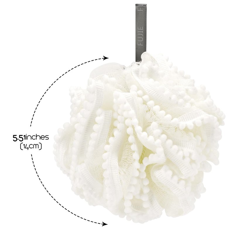Biiange White Loofah, Shower Bath Spong, Soft Loofahs Balls, Globose lace Shower Ball, for Body Wash Scrubber Cleaning Bathroom Accessories (2Pcs White)
