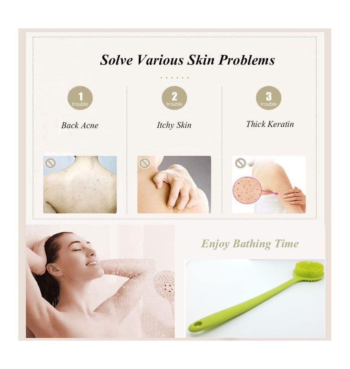 Long Handle Silicone Body Scrubber for Shower, Dual-Sided Back Scrubber Brush with Soft Bristles&Massage Nodes, Exfoliating Bath Brush for Hard to Reach Areas, Easy to Clean & Quick Dry, for Daily Use