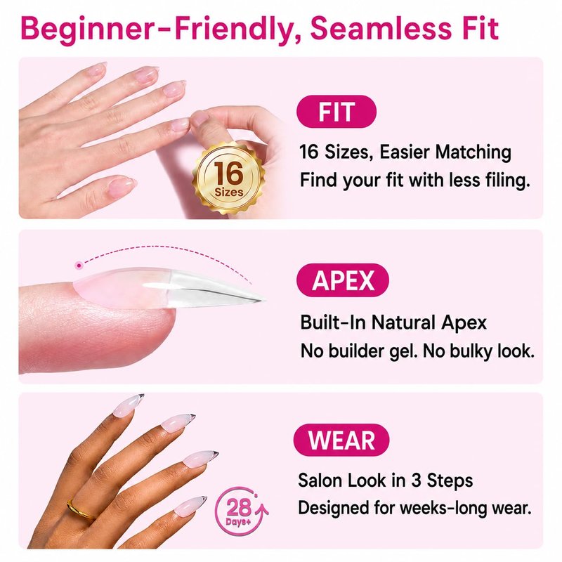 Beetles Tipex Lite Instant Apex Nail Tips, Medium Stiletto Gel Nail Tips, 16 Sizes 00-14, Built-in Apex for Natural Fit, Beginner-Friendly DIY Nail Extensions