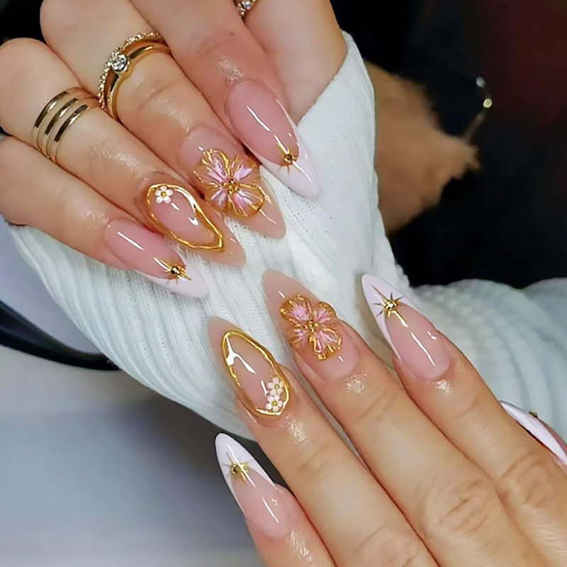 24Pcs Handmade Flower Press on Nails Long Almond Fake Nails White French Tips Glue on Nails Floral with Gold Edge Design Star False Nail Full Cover Spring Summer Stick on Nail for Women