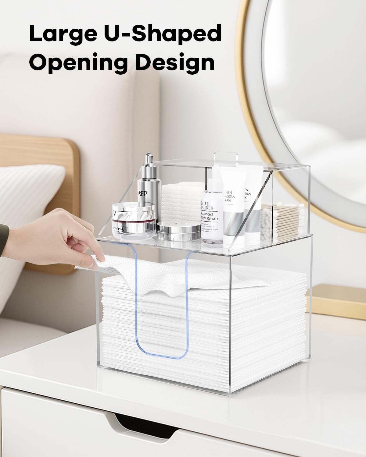 TAINESS Disposable Facial Towels Storage Box Compatible with Clean Skin Club Clean Towel XL-Cotton Pads-Swabs Upgraded Double Layer Face Towel Holder Acrylic Storage Container Valentine's Day Gifts