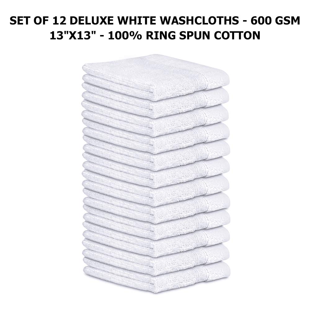TALVANIA Cotton Washcloths - 13” X 13” 100% Pure Ring Spun Cotton Towels 600 GSM Soft and Absorbent, Long Lasting, Pack of 12 Face Wash Towel (White)
