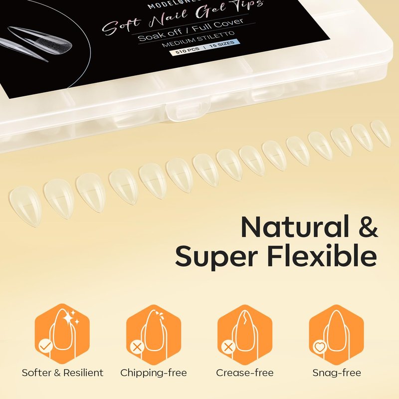 Modelones Medium Stiletto Fake Nail Tips - 510 Pcs Pre-shaped Half Matte Full Cover Gel Kit | DIY Salon Nails